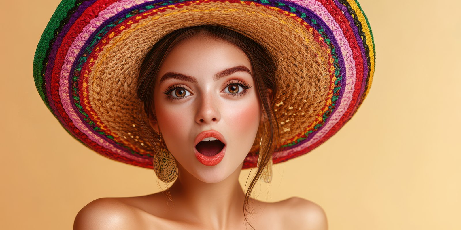 Young woman wearing a colorful sombrero expressing surprise against a vibrant background during a festive celebration